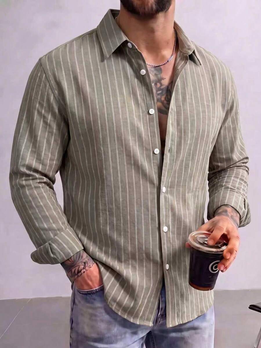 Men's Casual Versatile Commute Striped Long Sleeve Shirt - Multicolor - View 1