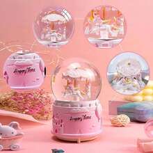 1pc Castle Crystal Ball Dreamy Snowing Music Box Glowing Christmas Gift For Boys And Girls Home Decor Ornament (Battery Not Included) - Blue - View 5