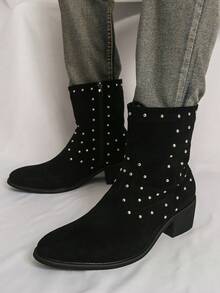 Men's Western Cowboy Boots, Round Toe, Black Suede-Like Fabric Upper, Rhinestone Decor, Side Zipper, Chunky Heel, Boots For Party, Daily Casual Wear - Black - View 10