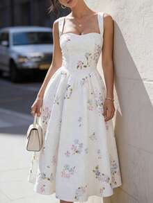 DONICY Women's White Floral Ruffle Hem Midi Dress, Square Neck Sleeveless Dress, Sweet Romantic Summer Holiday Dress - White - View 5