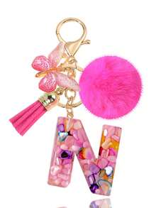 1pc Pink Letter Keychain, Initial Letter Car Key Chain Pendant, Cute Butterfly Tassel Fur Ball Charm For Girls Bag Key Ring Accessory, Halloween Gift Decoration, Suitable For Decorating Handbags, Wallets, Backpacks, Valentine's Day, Bachelorette Party Gift - Hot Pink - View 30