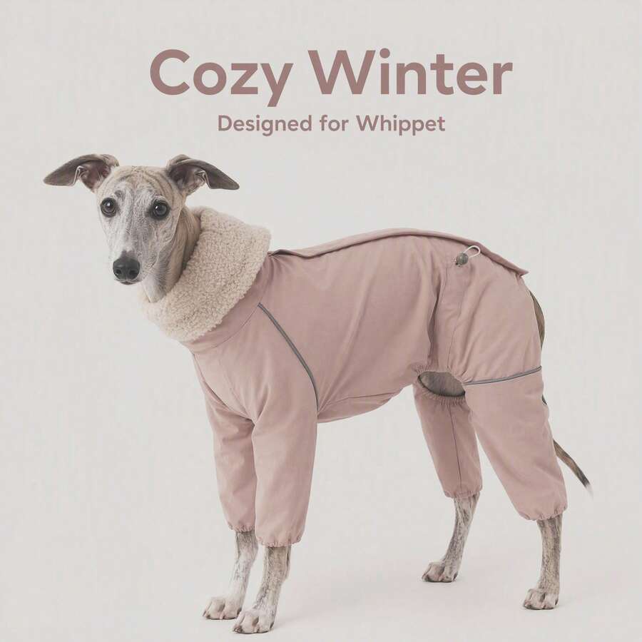 Italian Greyhound Windproof Coat, Gray Pink Autumn/Winter Warm Waterproof Reflective Teddy Fleece High Collar Four-Legged Jumpsuit, Slim Fit, Suitable For Italian Greyhound And Whippet - Dusty Pink - View 1