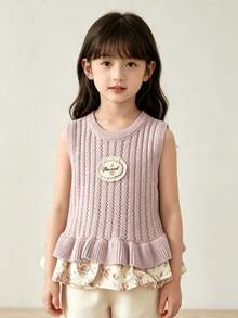 WUHUANG YIYI Girls Sweet Cute Gentle Style Handmade Lace Applique Floral Hem Patchwork Knit Hollow Out Tank Dress Loose Fit Suitable For Daily Wear Versatile Outings Spring Summer Autumn - Mauve Purple - View 6