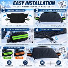1pc 259*114.3cm Universal Car Windshield Snow Cover, Full Coverage Frost And Ice Protection Cover With Reflective Rearview Mirror Cover, 4 Hook Straps, Foldable Quilted All-Season Sunshade, Suitable For Sedan, Hatchback And SUV, Green/Orange Accents, Winter Car Accessory, Christmas Gift For Female Drivers - Multicolor - View 3