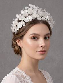 Bridal Hair Accessory White Satin Petal Baby's Breath Crystal Bead Ethereal Full Wedding Floral Crown With Hair Comb - Silver - View 2