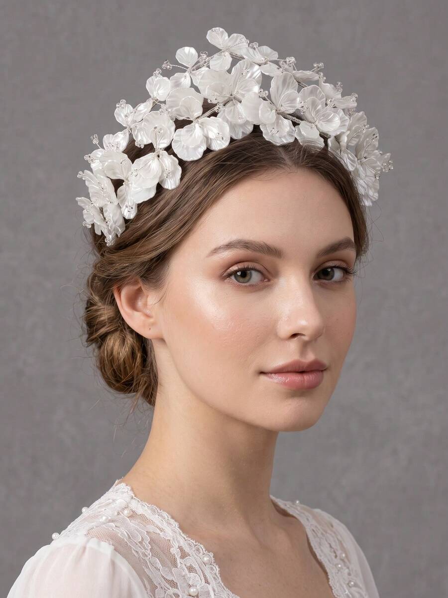 Bridal Hair Accessory White Satin Petal Baby's Breath Crystal Bead Ethereal Full Wedding Floral Crown With Hair Comb