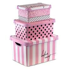 Geezy Pink Storage Boxes With Lids Set Of 3 (22, 10, 5L) - Nesting Stackable Plastic Containers With Handles, Bedroom, Wardrobe, Office - Decorative Patterned Boxes For Toys, Clothes, Girls Room - View 1