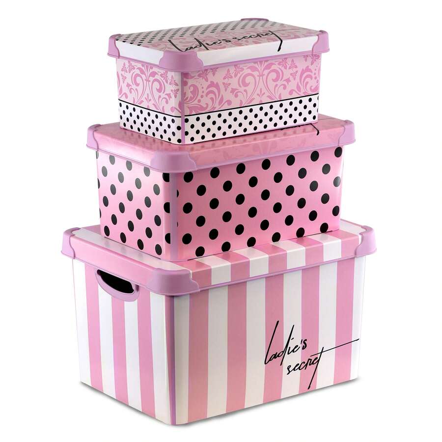 Geezy Pink Storage Boxes With Lids Set Of 3 (22, 10, 5L) - Nesting Stackable Plastic Containers With Handles, Bedroom, Wardrobe, Office - Decorative Patterned Boxes For Toys, Clothes, Girls Room - View 1