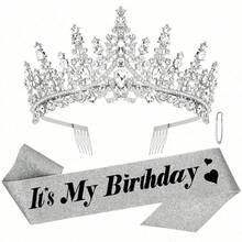 1 Set Birthday Ribbon Crown Set, Shiny Waistband, Sparkling Crystal Crown, Adult Women Birthday Gift, Suitable For Girls Birthday, Party Gift, The Best Gift For Her - Multicolor - View 13