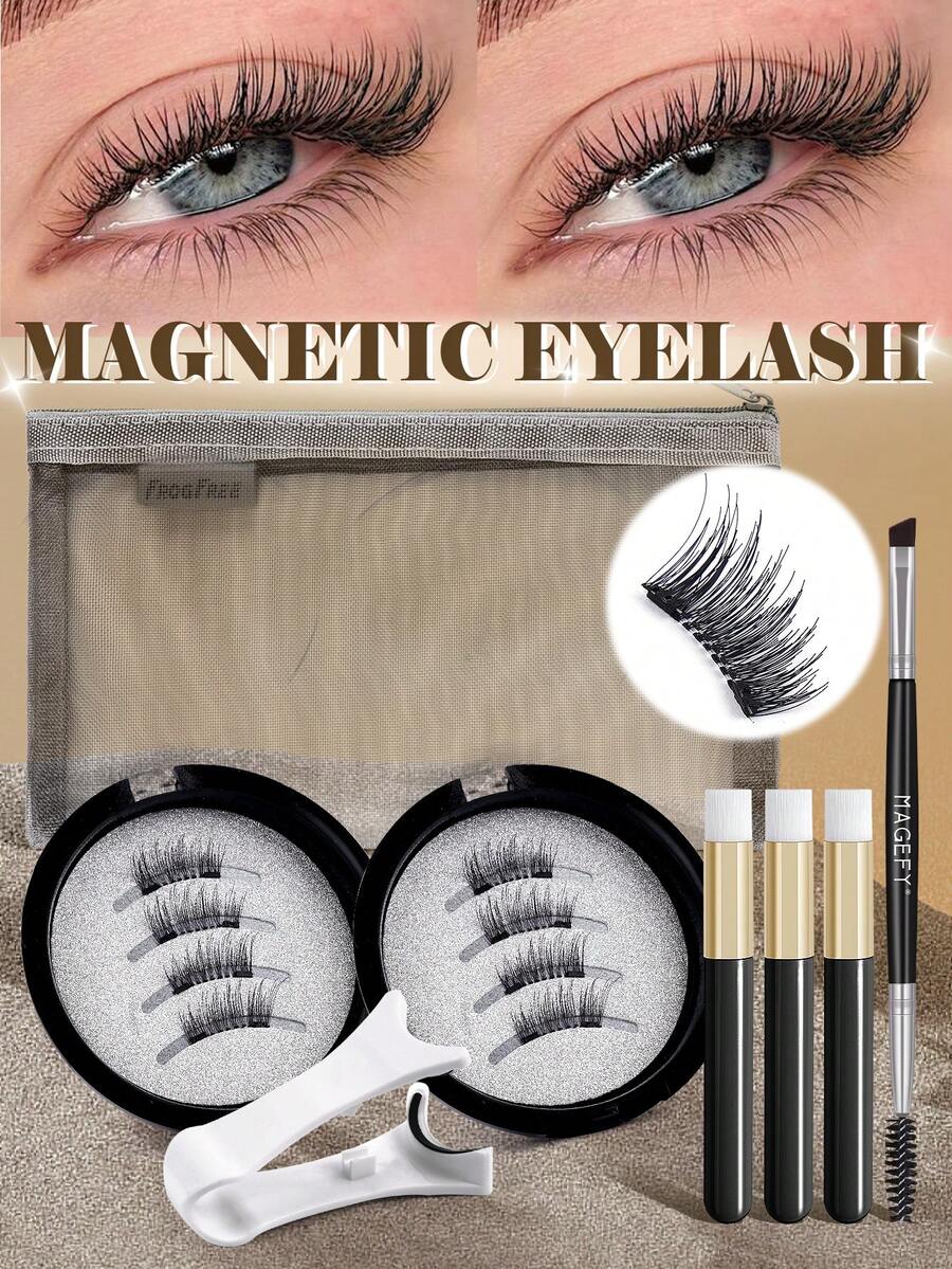 1/2 Magnetic Cartoon False Eyelashes Set, With Professional Applicator & Dual-Ended Eyebrow Brush & Multi-Function Brush & Storage Bag, Reusable, Half-Eye Magnetic Lashes, Elongated Eye Tail Suitable For European And American Eye Shapes, Dense Crossed Lashes, Natural Lash Blend Design, Suitable For Daily Wear, Work, Study, Travel, Party And Other Occasions. - Multicolor - View 1
