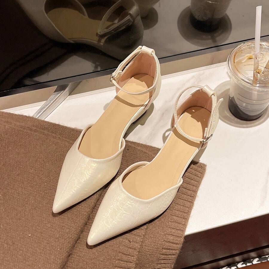 Beige Glossy Pointed Toe Single Strap Wedge Pumps For Women, Ankle Strap Elegant Party Mid-Heel High Heels - Beige - View 1