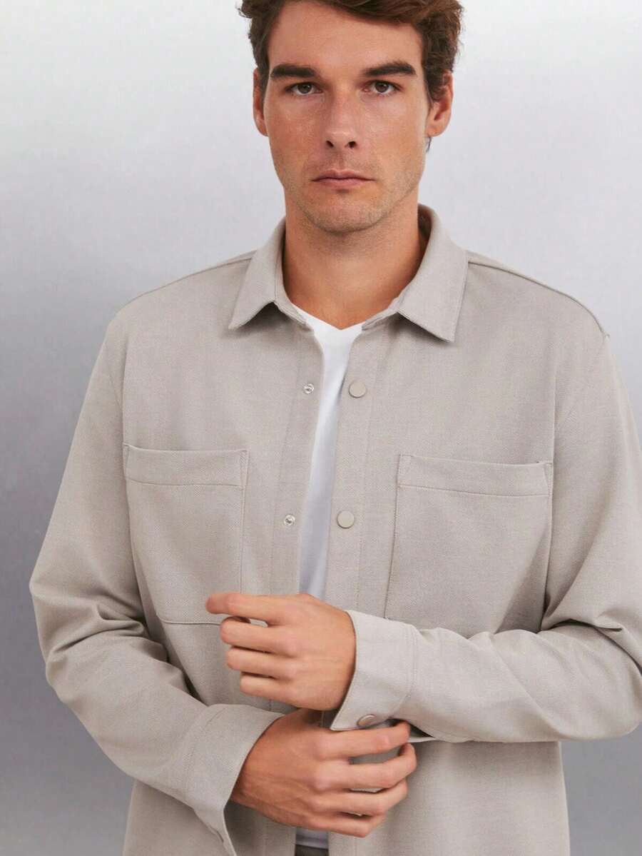 Men's DERIAN Men's Comfort Fit 2-Pocket Snap Button Navy Blue Shirt - Beige - View 1