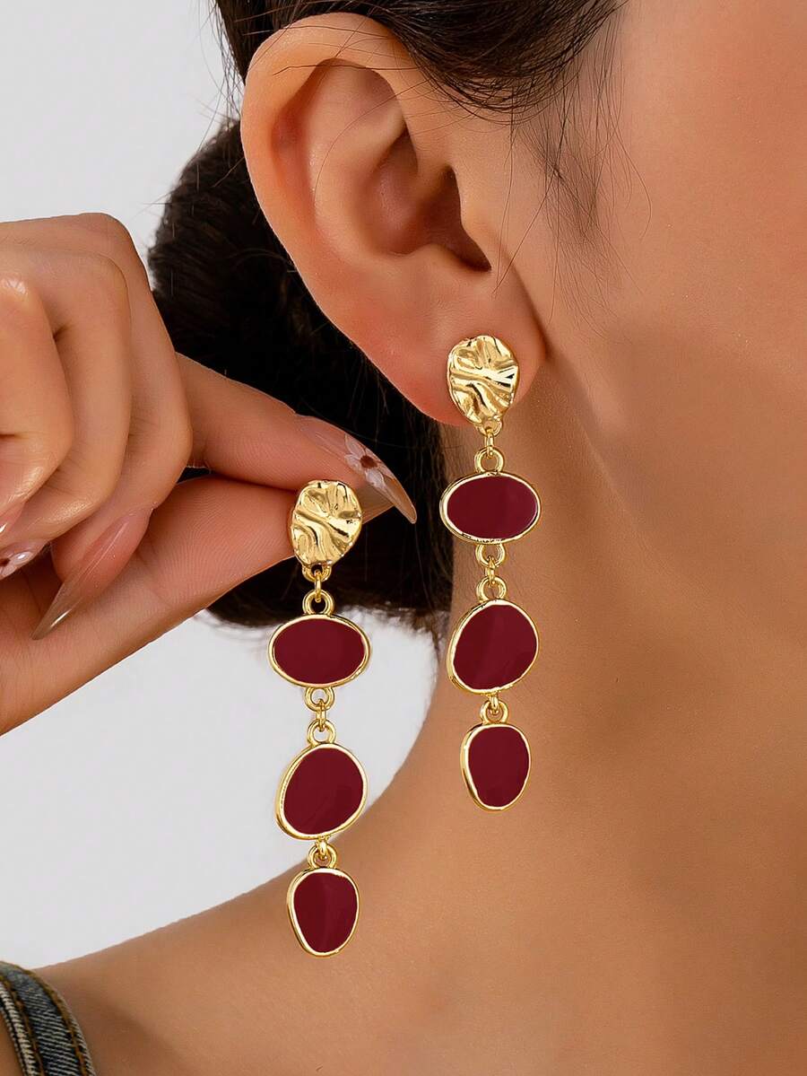 1 Pair Exquisite Alloy Hammered Texture Oil Drop Asymmetrical Geometric Long Earrings For Women, Suitable For Daily Wear, Banquet, Date And Party - Burgundy - View 1