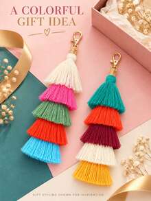 1pc Colorful Bohemian Style Pom Pom Tassel Keychain, Wristlet Key Ring & Bag Charm Decor, Suitable For Women Handbags, Wallets, Backpacks And Car Keys - Multicolor - View 9