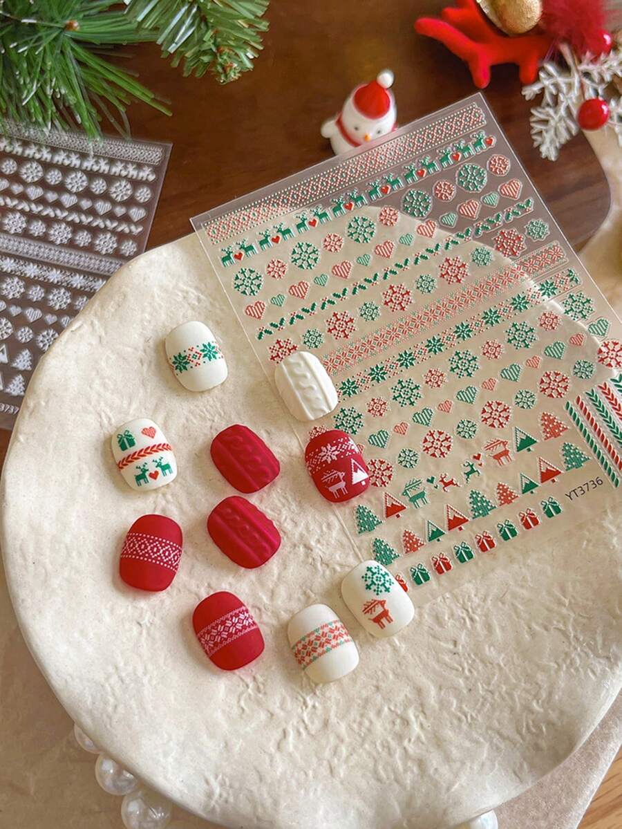 1pc Full Nail 5D Embossed Nail Sticker, Christmas Fair Isle Style Reindeer Snowflake Tree Pattern, Knitted 3D Raised Texture, Autumn/Winter Holiday Nail Decoration, Suitable For Christmas Party DIY Nail Art - Multicolor - View 1