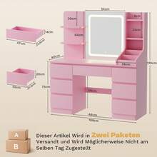 Devoko Modern Dressing Table With LED Mirror, 3 Light Colors And Dimmable Brightness, Vanity Table With 7 Drawers, Open Shelves And Optional Stool, Dressing Cabinet For Bedroom, White/Black/Pink/Vintage - Pink - View 11