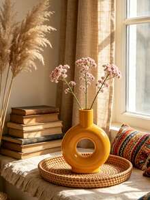 Donut-Shaped Hollow Resin Vase, Vintage Bohemian Abstract Sculpture, Dried Flower Desktop Decor, Living Room Windowsill Decoration, Housewarming Gift - Yellow - View 3