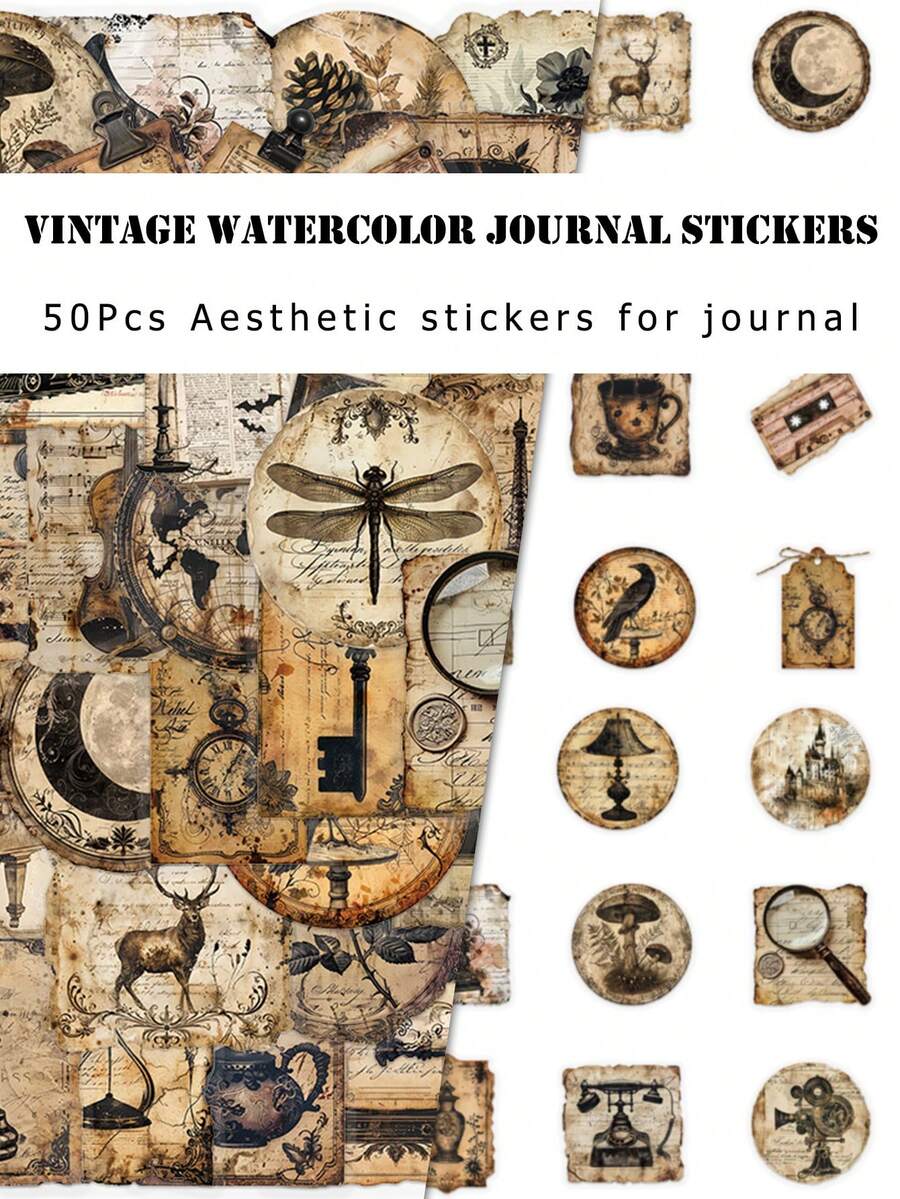 50Pcs Vintage Label Stickers, DIY Scrapbook Journal Decorative Craft Stickers - Multicolor - View 1