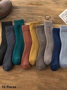 5 Pairs Men's Winter Thermal Lined Terry Socks, Random Style, Thick Warm Solid Color Mid-Calf Home Socks, Randomly Sent - Multicolor - View 8