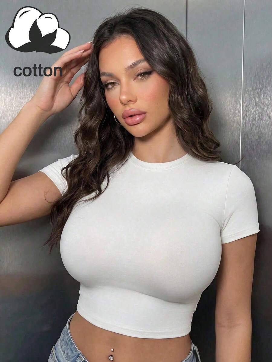 Women's English Slogan Print Round Neck Short Sleeve Casual Spring Summer T-Shirt Top - White - View 1