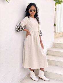 Girls Autumn Woven Textured Bohemian Embroidered Dress, Fall/Winter Outfit For Back To School, Travel And Party Wear - Apricot - View 2
