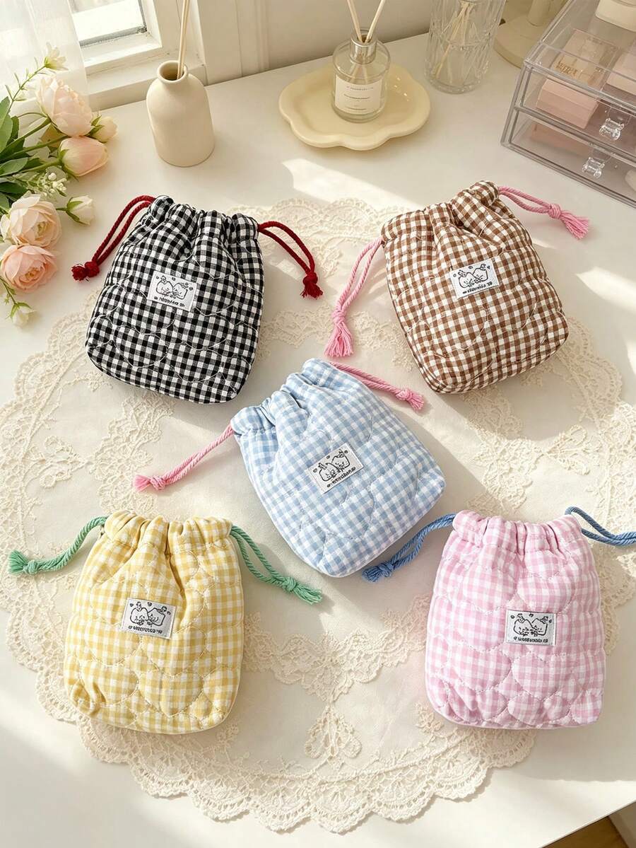 1pc Heart Quilted Drawstring Pouch Grid Print Cosmetic Bag Portable Travel Storage Bag For Makeup Jewelry Accessories & Earbuds Multi-Use Sundries Bag - Multicolor - View 1