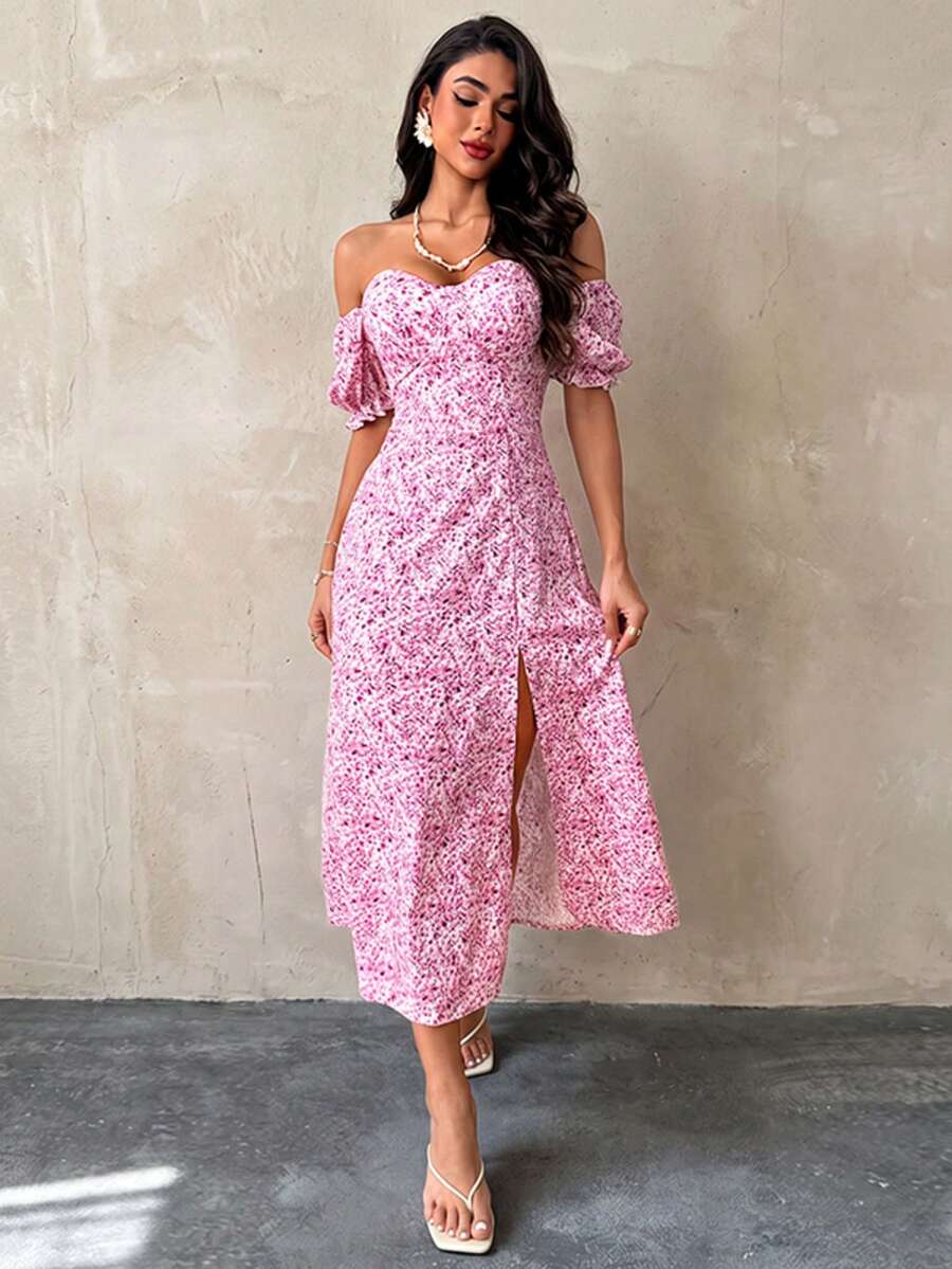 Women's Pink Summer Puff Sleeve Backless Slit Formal Dress, Suitable For Valentine's Day, Date, Party, Travel And Beach