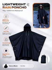 Unisex Adult Black Raincoat, Waterproof Hooded Lightweight Reusable EVA Raincoat, Drawstring Hood With Snap Buttons, Portable Foldable Pocket Size, Suitable For Hiking, Camping, Cycling, Travel, Outdoor Emergency - Black - View 7