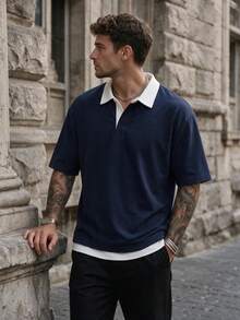Men's Contrast Collar Short Sleeve Polo Shirt, Loose Button Front Design, Suitable For Casual, Business And Daily Wear - Navy Blue - View 1