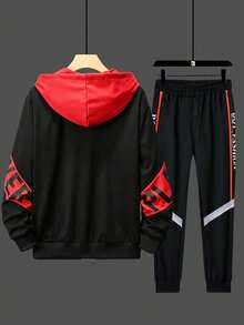 Men's Spring/Autumn Outdoor Letter Print Hooded Jacket And Drawstring Waist Cuffed Pants Sports Set - Black - View 3