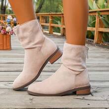 Women's Beige Ruched Ankle Boots With Metal Buckle Strap, Round Toe, Low Square Heel, Back Zipper, Casual Autumn/Winter - Beige - View 2