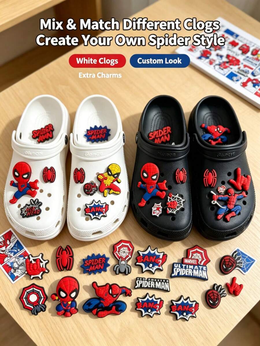 Disney Spider-Man Clog Shoe Charms Set, Soft PVC Shoe Buckles, Multiple Marvel Superhero Designs. Soft Rubber Material Flexible, Waterproof And Fade-Resistant, Easy Press Installation, Securely Fits Into Shoe Holes Without Falling Off. Free Mix And Match DIY, Create Personalized Cool Clogs, Christmas, Birthday Gift, Holiday Party.