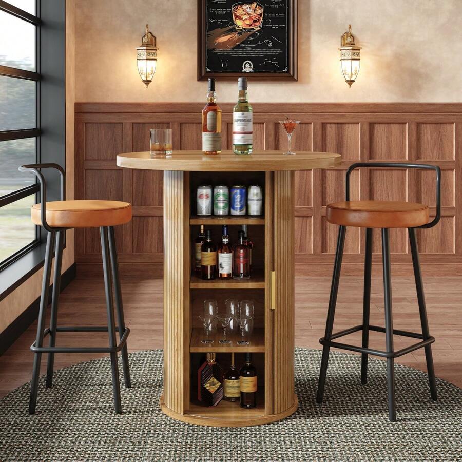 Round Bar Table With Storage, 92cm High Standing Table With Cabinet, MDF Wood Look, Load Capacity Up To 75kg, Bar & Living Room - Wood + MDF + Metal - View 1