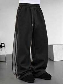 Men's Casual Striped Curved Leg Long Pants, Loose Wide Leg Sweatpants For Autumn/Winter, Daily Commute And Streetwear - Black - View 1