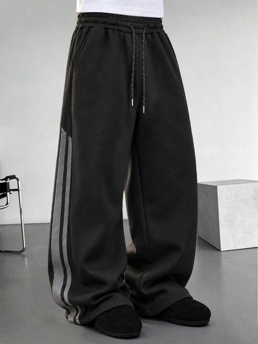 Men's Casual Striped Curved Leg Long Pants, Loose Wide Leg Sweatpants For Autumn/Winter, Daily Commute And Streetwear - Black - View 1