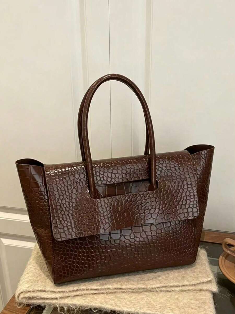 Women's Fashion New Solid Color PU Crocodile Embossed Flap Handbag ...
