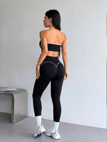 Women's Seamless White Striped Sports Bra And Leggings Set Yoga Leggings Set Strapless Two Pieces Set Workout Set Gym Legging Curve Activewear Set - Black - View 7