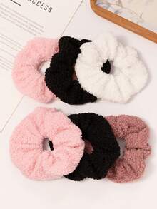 6pcs Solid Color Large Teddy Fleece Scrunchies Hair Accessories, Suitable For Women's Autumn/Winter Daily Versatile Hair Accessories - Multicolor - View 2