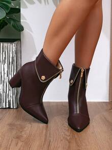 Autumn/Winter New Fashionable Women's Brown Street Style Party Boots With Turn-Down Collar, Rose Flower, Rivet, Front Zipper, Pointed Toe, Chunky High Heel, Ankle Boots - Brown - View 2