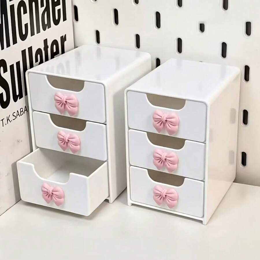 1pc Compact Drawer Organizer Set (Bow + Storage Box), Cute Bow Jewelry Box, Desktop Makeup Jewelry Stationery Organizer, Suitable For Bedroom, Office, Room Decor, Desktop Storage, Bathroom Storage, Home Decor