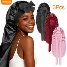 Awegeo 3Pcs Long Satin Sleep Bonnet With Bow Tie Band, Silky Night Hair Cap For Long Braids Curly Hair - Multicolor - View 1