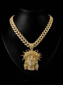 1pc Hip Hop Full Rhinestone Jesus Head Pendant Necklace, Heavy Rhinestone Inlaid Cuban Chain, Gold Vintage Religious Style Accessory, Rap Stage Party Unisex Personalized Gift Jewelry - Crown Of Thorns Jesus - View 10