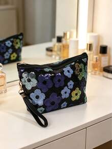 1pc Large Capacity Sequin Floral Fashion Makeup Bag With Handle And Zipper, Portable Cosmetic Storage Organizer For Phone, Coins, Data Cable, Etc., Suitable For Women, Home, Travel, Business Trip, Daily Commute, All Seasons - Multicolor - View 15