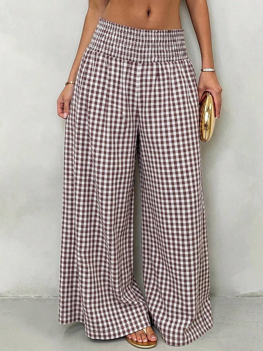 UREREM Women's Fashion Brown Plaid Pleated Waist Woven Fabric Wide Leg Long Pants - Coffee Brown - View 1