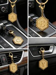 1pc Stainless Steel Gold Plated Hexagonal Letter Charm With Lobster Clasp, Alphabet Heart Pattern Pendant, DIY Keychain Bag Charm Accessories - one-size - View 4