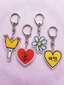 4pcs K-Pop Crown Lightstick & Daisy Aesthetic Acrylic Keychains, Crown Cheer Stick, Peace Daisy, Red Heart And Korean Heart Pattern Charms, Backpack And Car Key Accessories, K-Pop Fans And VIP Fan Gifts, Back To School, Gift For K-Pop Fans - Multicolor - View 4