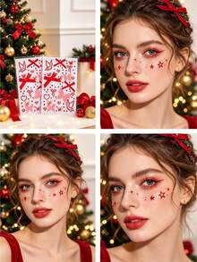 1 buah/1 set Stiker Wajah Tema Natal Tahun Baru, Stiker Wajah Pita Merah dengan Hiasan Berlian Imitasi, Stiker Wajah Kombinasi Hati & Bintang, Stiker Dekorasi Riasan Suasana Pesta Liburan Natal dengan Pinset Eksklusif - Merah - View 4
