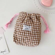 1pc Heart Quilted Drawstring Pouch Grid Print Cosmetic Bag Portable Travel Storage Bag For Makeup Jewelry Accessories & Earbuds Multi-Use Sundries Bag - Multicolor - View 14