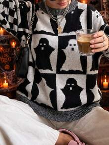 Curve Women Halloween Ghost Pattern Knitted Sweater, Black White Checkerboard Crew Neck Plus Size Pullover, Autumn Fashion Party Sweater - Black - View 4