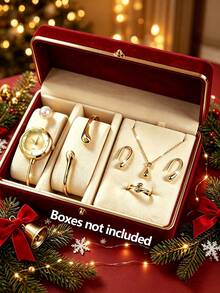 6PCS Gold Compact Round Shell Quartz Watch With Water Drop Necklace, Bracelet, Ring, Earrings Set, Birthday Gift, Versatile Accessory - Gold - View 2